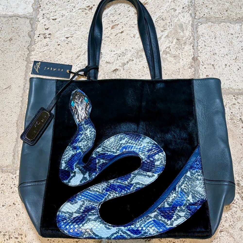 NWT Sharif Design Leather Snakeskin Pony Hair Snake Tote Bag